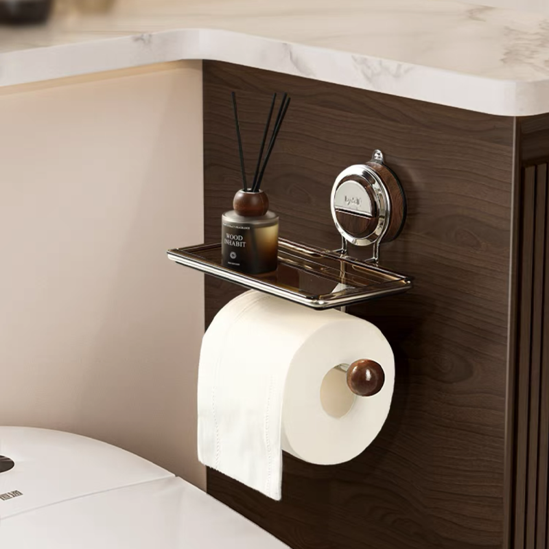 Suction-Based Toilet Paper Holder with Stylish Wood Finish