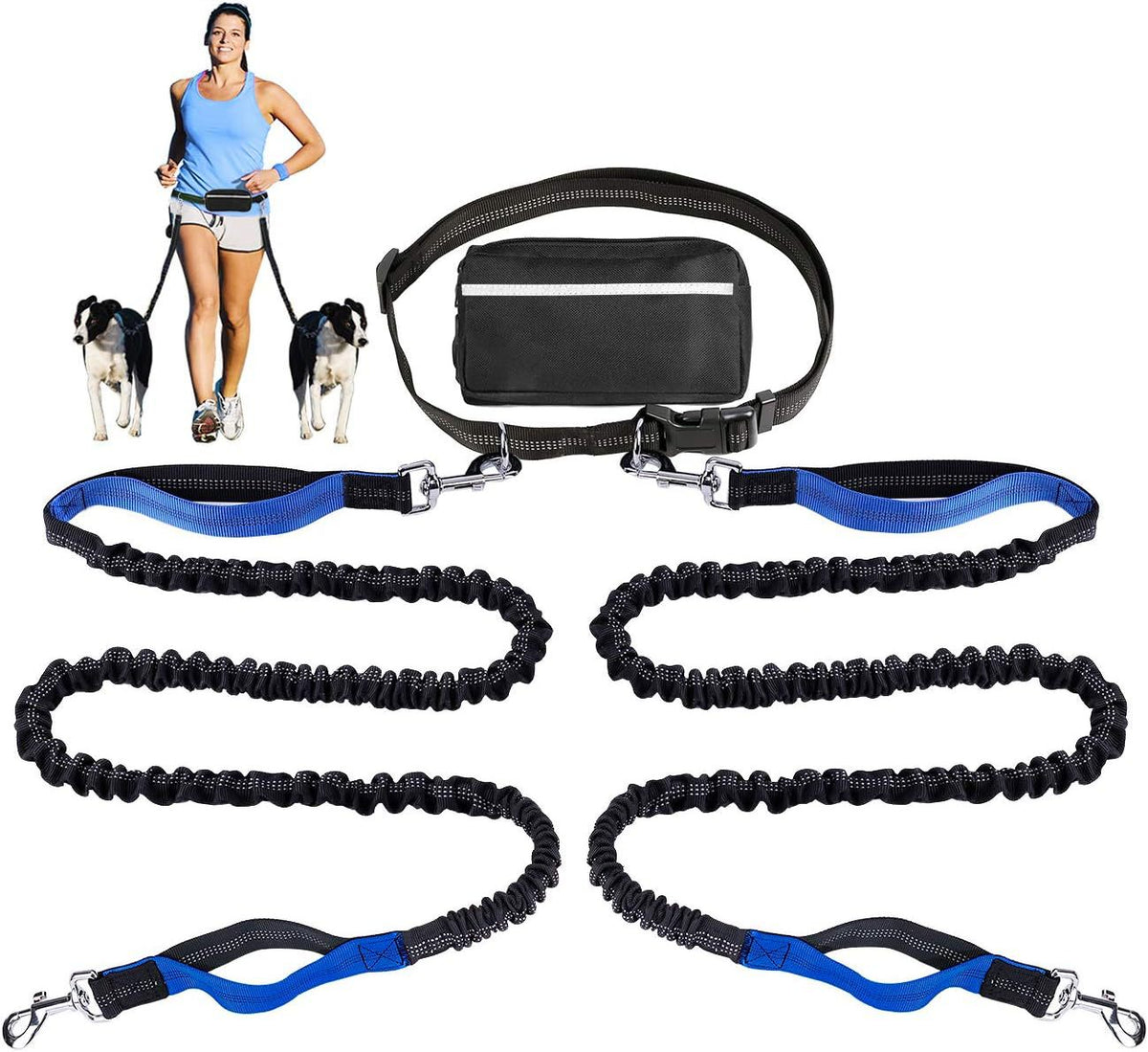 Bungee Dog Leash for Hands-Free Use – Reflective Waist Strap for Running, Hiking, and Walking