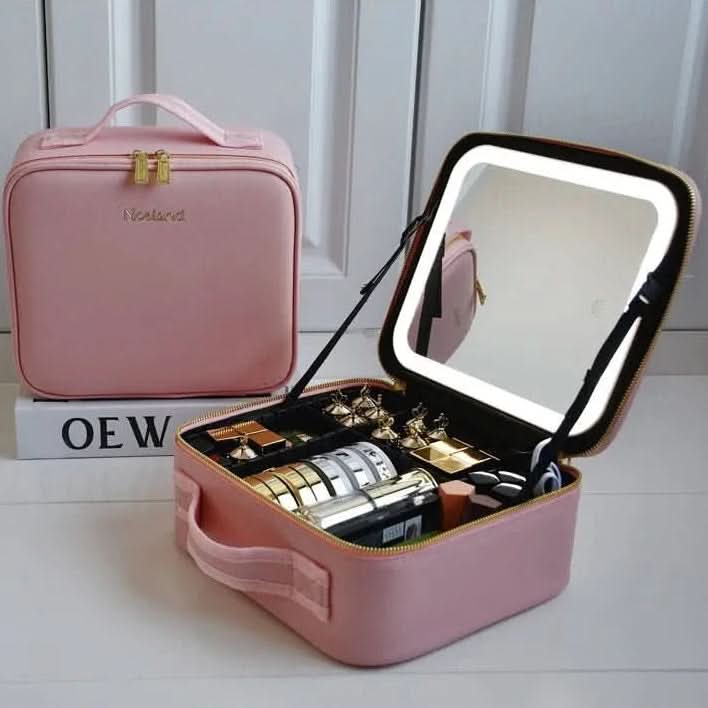Travel Makeup Organizer with Adjustable Brightness LED Mirror