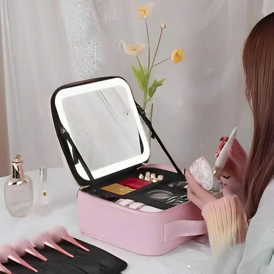 Travel-Friendly Makeup Organizer with LED Mirror and Brightness Control