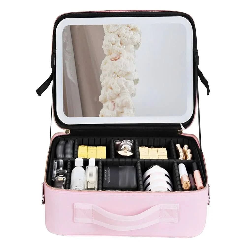 Travel Makeup Organizer with Adjustable Brightness LED Mirror