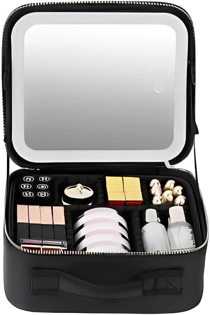Travel Makeup Organizer with Adjustable Brightness LED Mirror