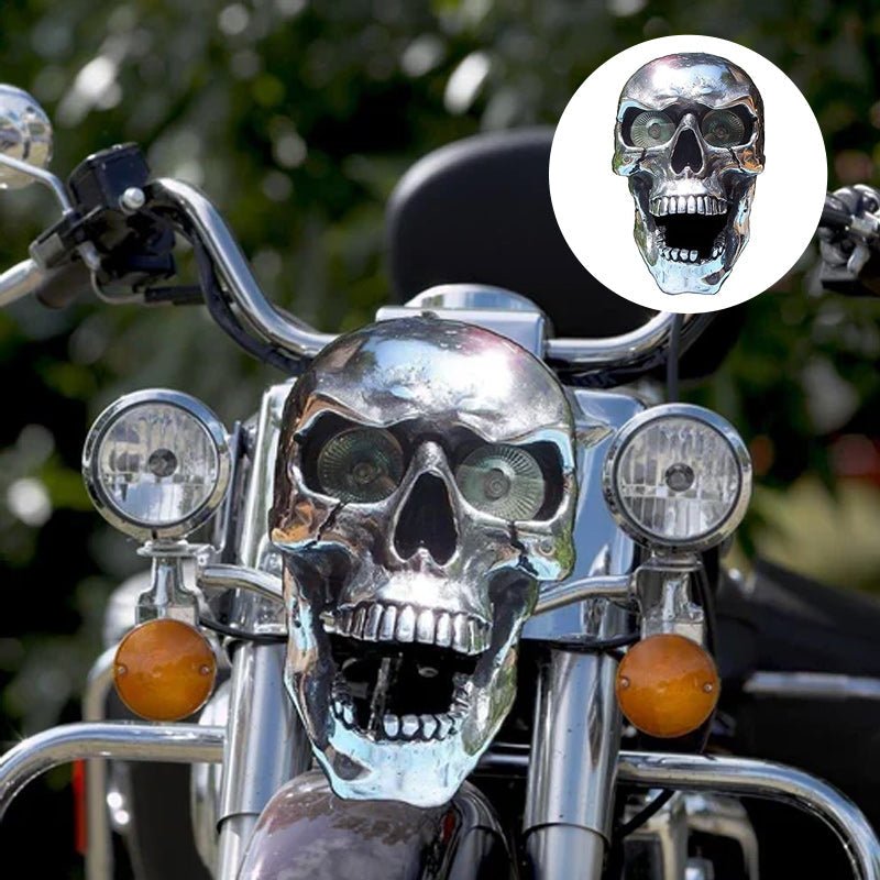 Chrome Finished Skull Headlight with Glowing Eyes – LED Design