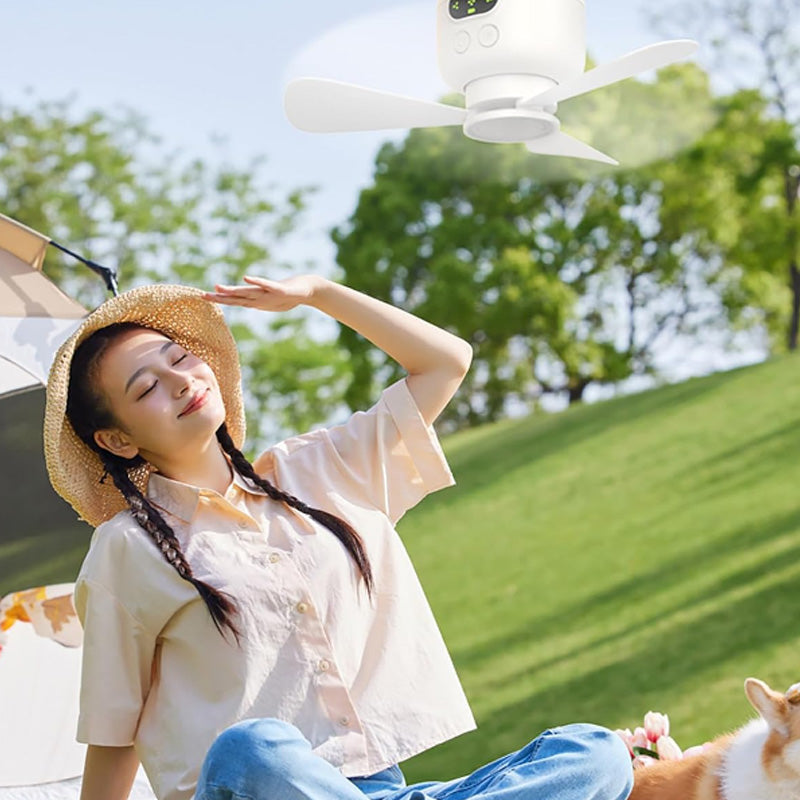 Portable Hanging Fan with LED Light & Remote – Rechargeable Ceiling Fan for Camping, Bedroom & Dorm