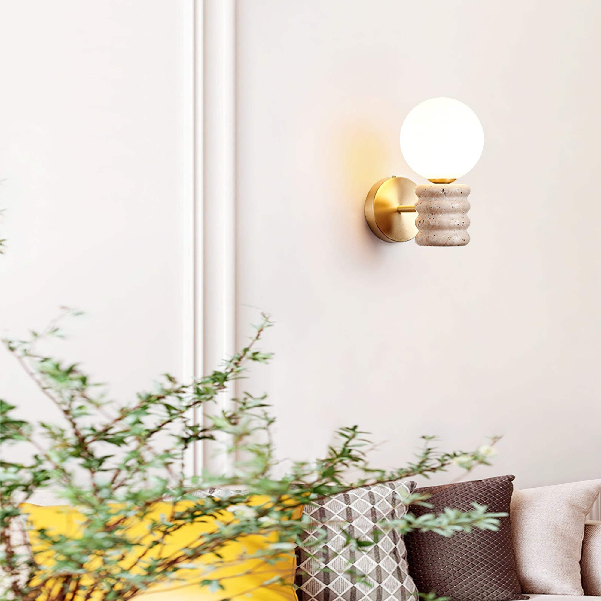 Wall Light Fixture in Travertine with Gold Detailing