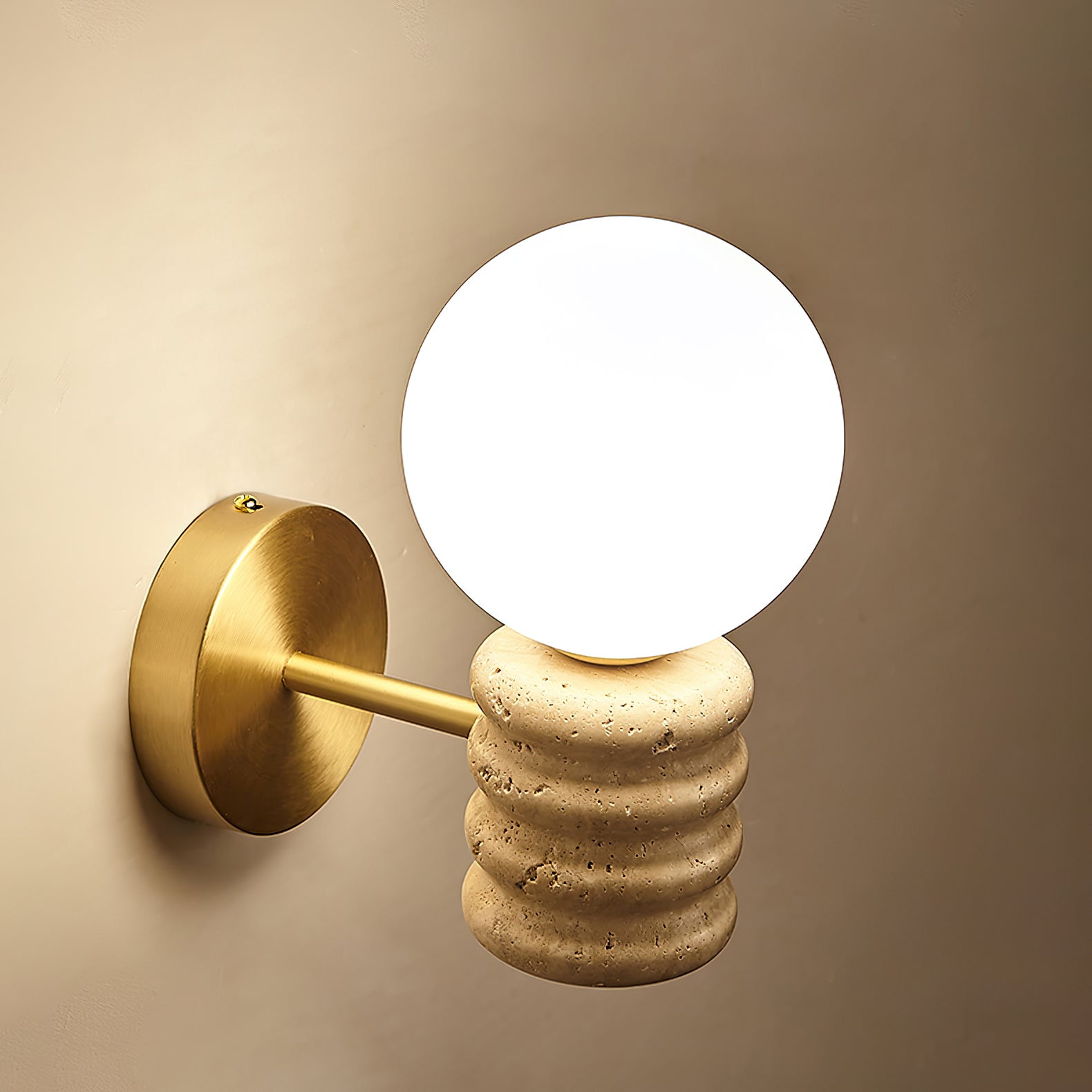 Wall Light Fixture in Travertine with Gold Detailing
