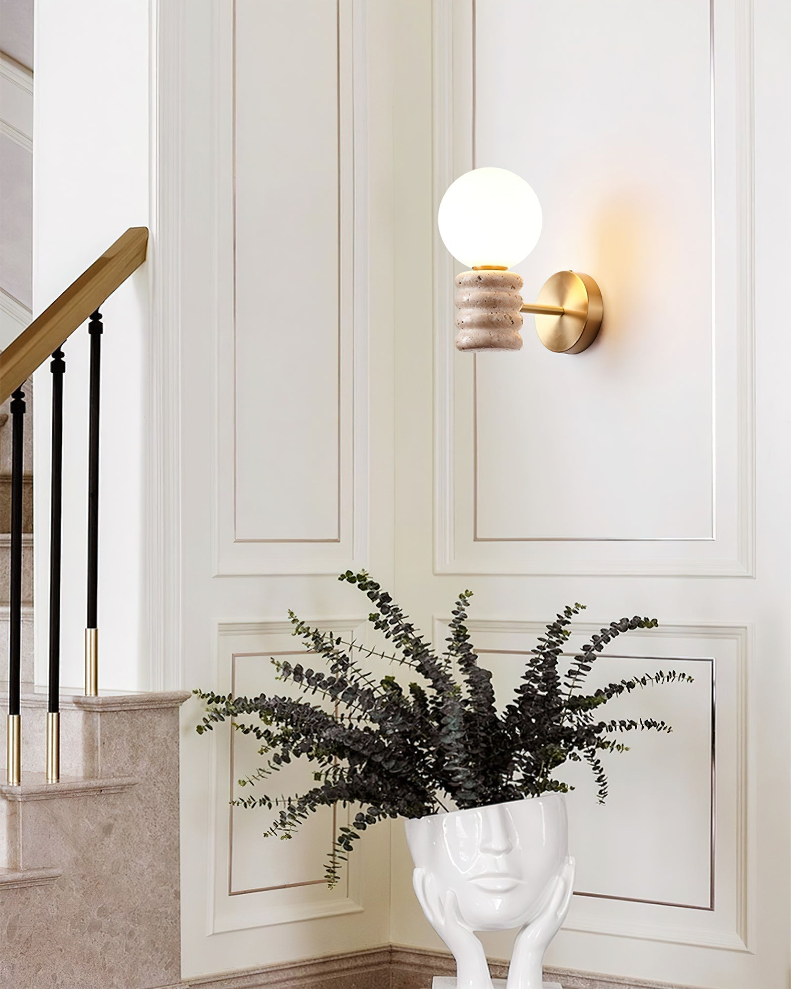 Wall Light Fixture in Travertine with Gold Detailing