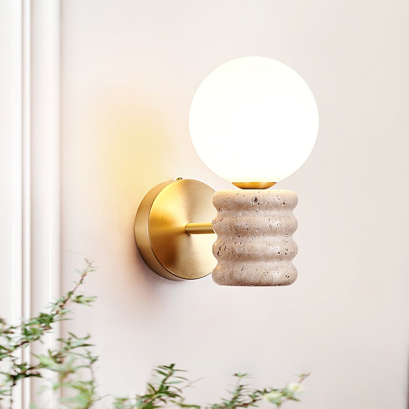 Wall Light Fixture in Travertine with Gold Detailing