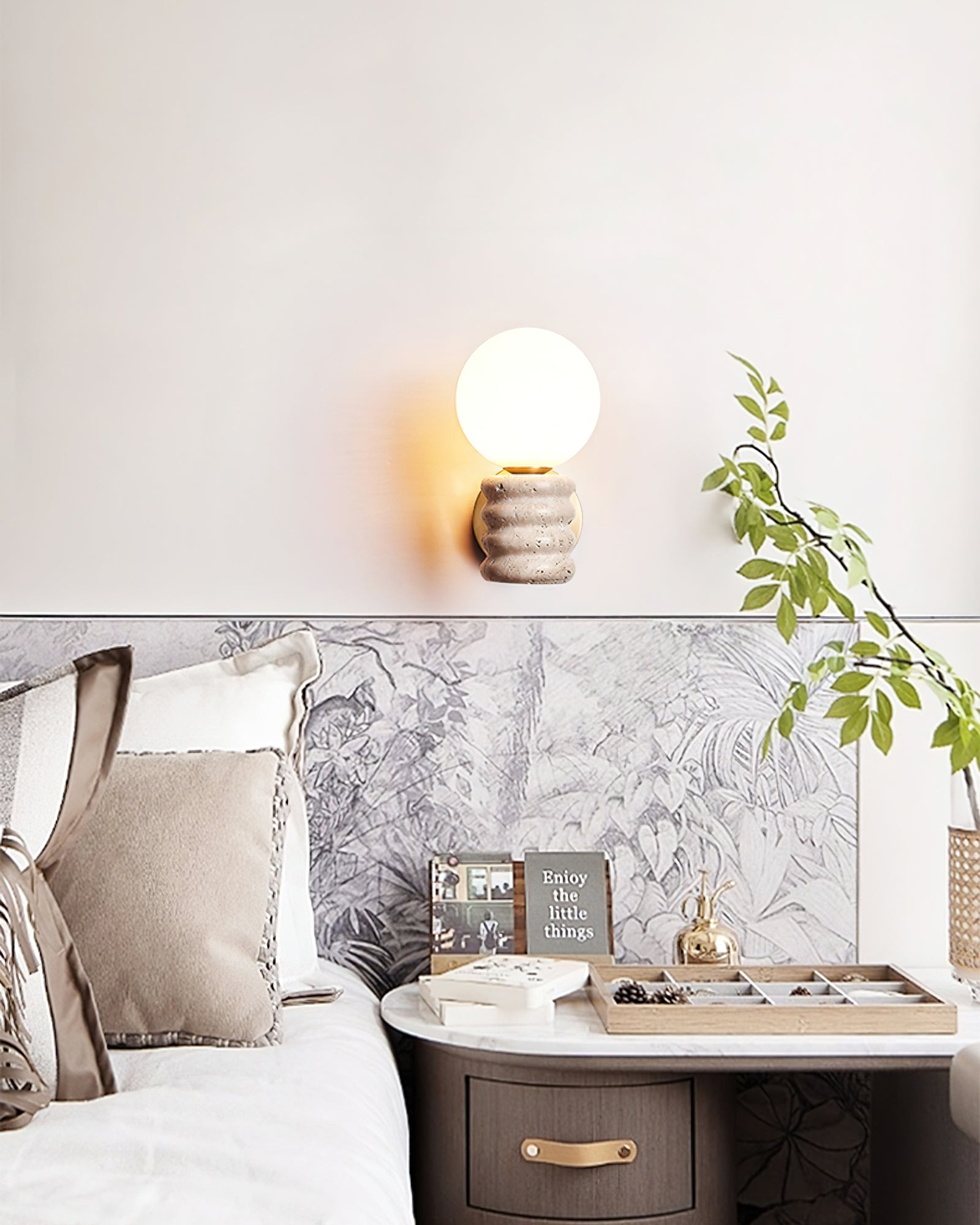 Wall Light Fixture in Travertine with Gold Detailing