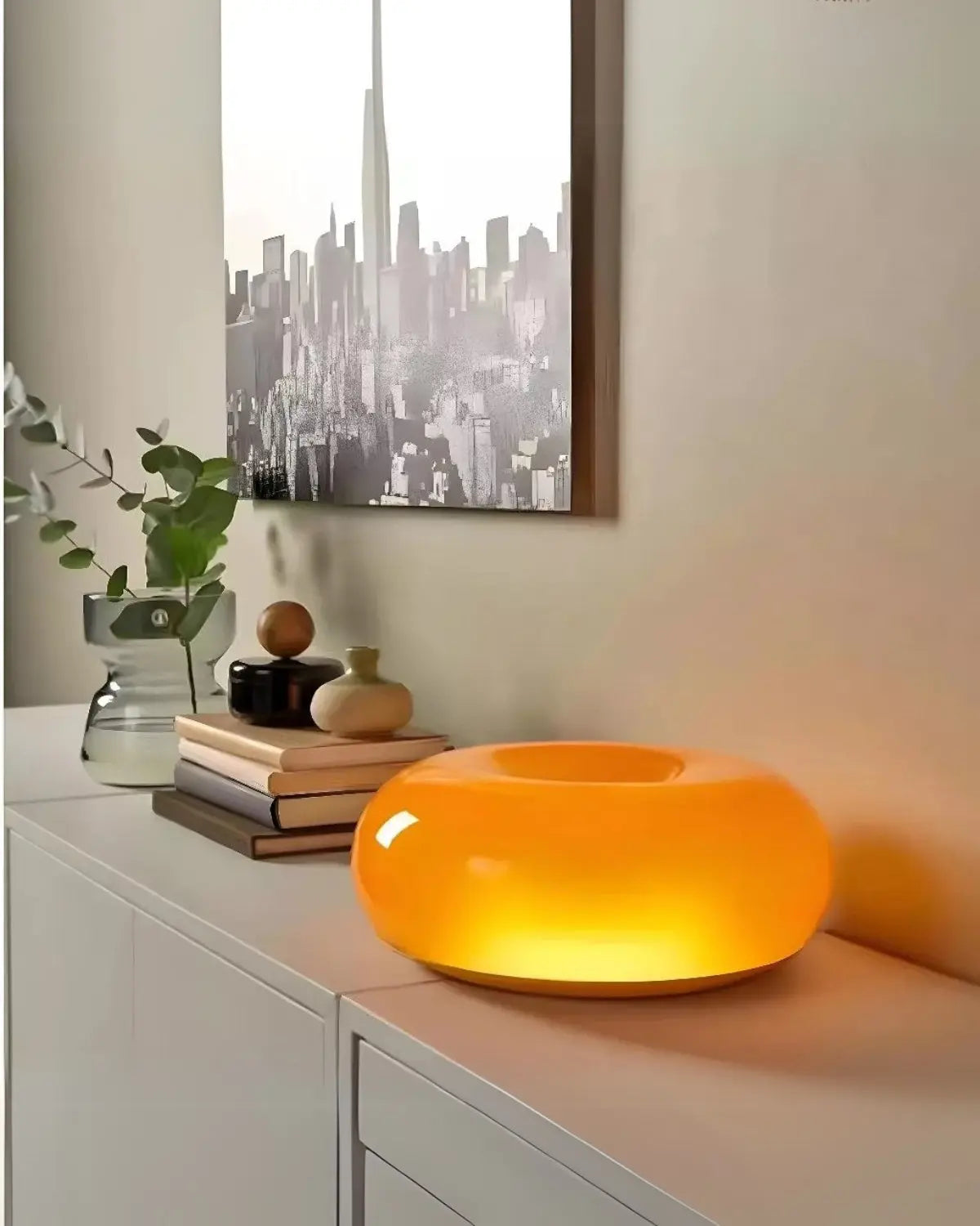 LED Table Lamp in Donut Shape – Soft Orange & White Light, 30 × 30 cm