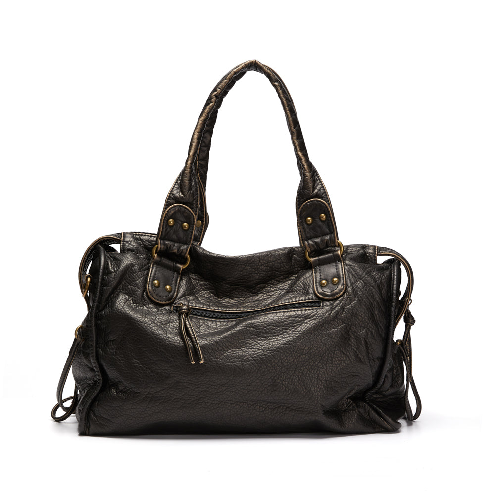 Vintage Washed Black PU Leather Tote Bag with Gold Accents