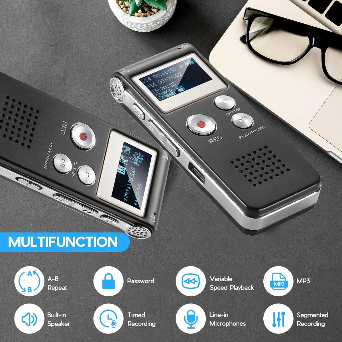 Voice-Activated Digital Recorder with Built-In Speaker and Headphone Port