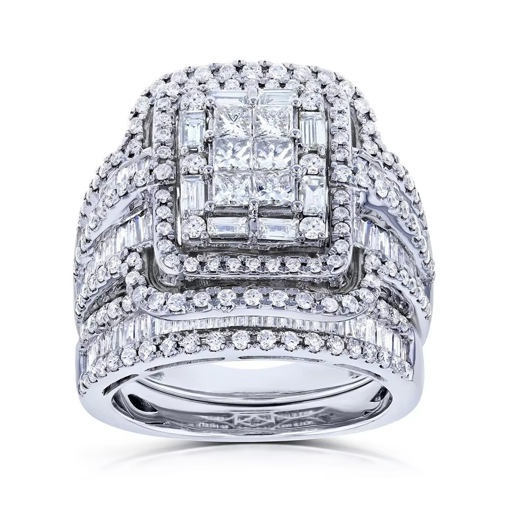 Square Center Stone Bridal Ring Set with Halo Accent Design