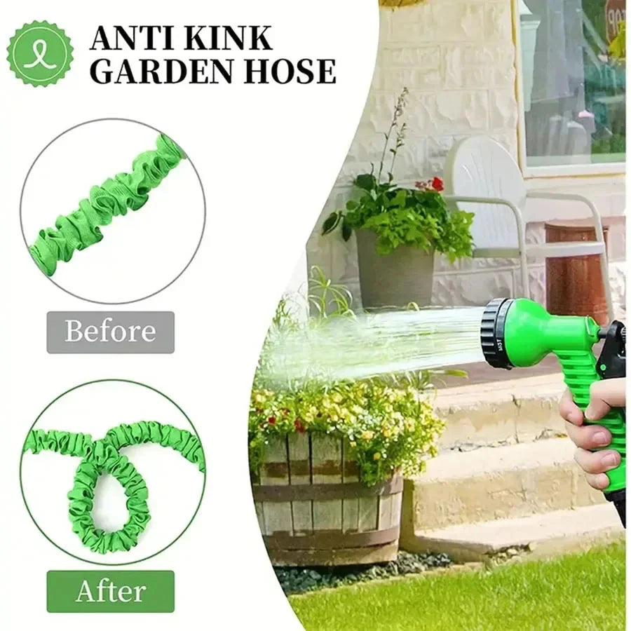 Expandable Garden Hose with 7-Function Spray Nozzle – Triples in Length