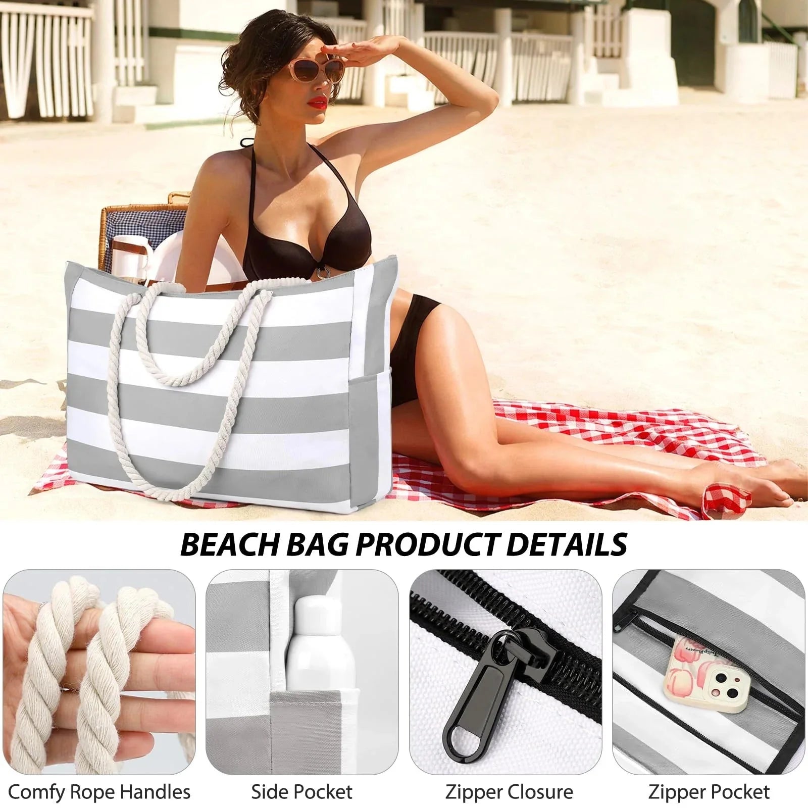 Zippered Canvas Tote Bag with Stripes for Beach Use