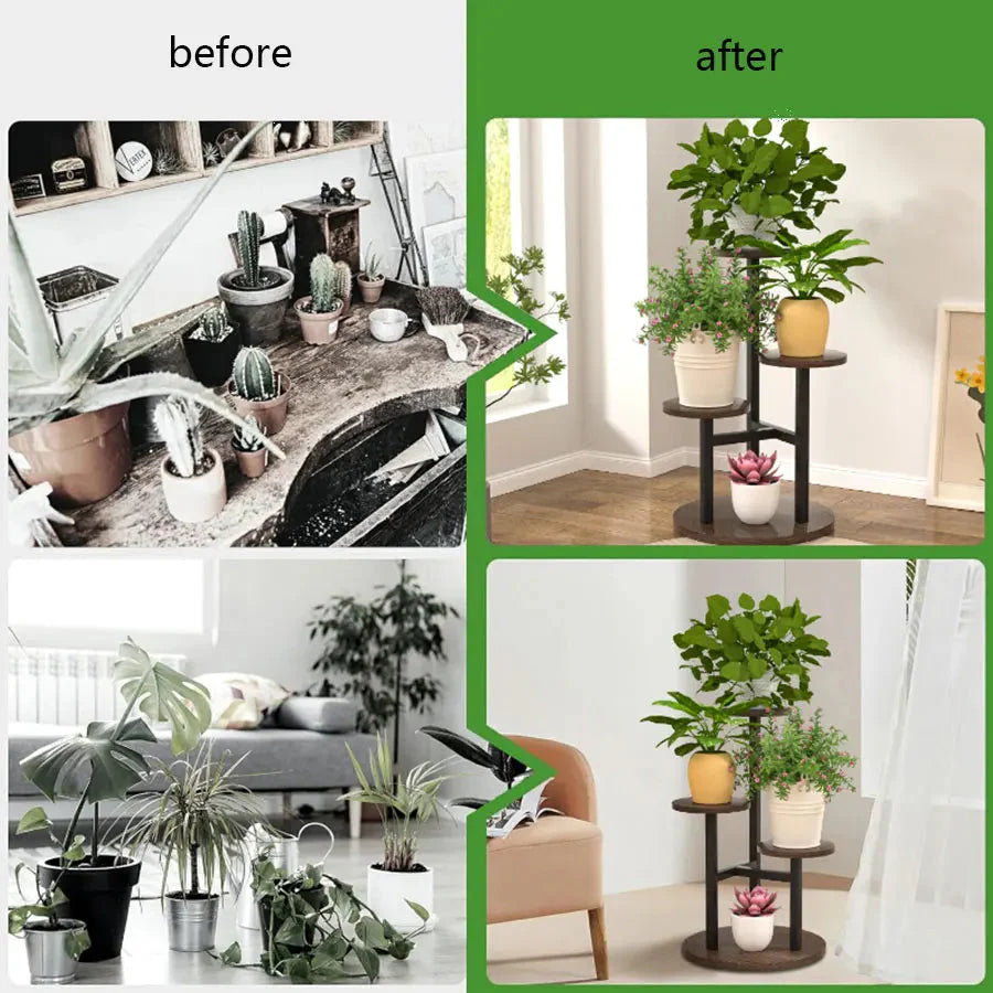 Round Wooden Shelves on Metal Frame – 4-Tier Plant Stand, 3 Colors