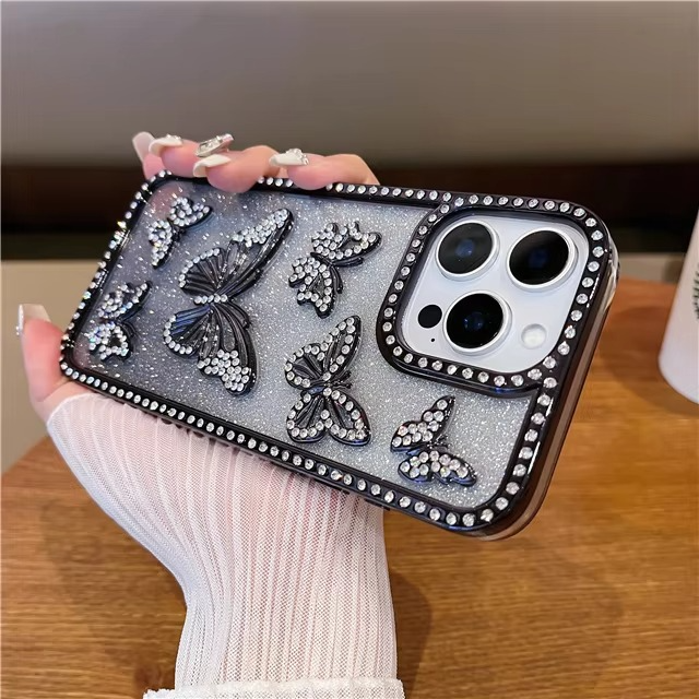 Rhinestone-Decorated Butterfly Phone Case with Shock-Resistant Frame