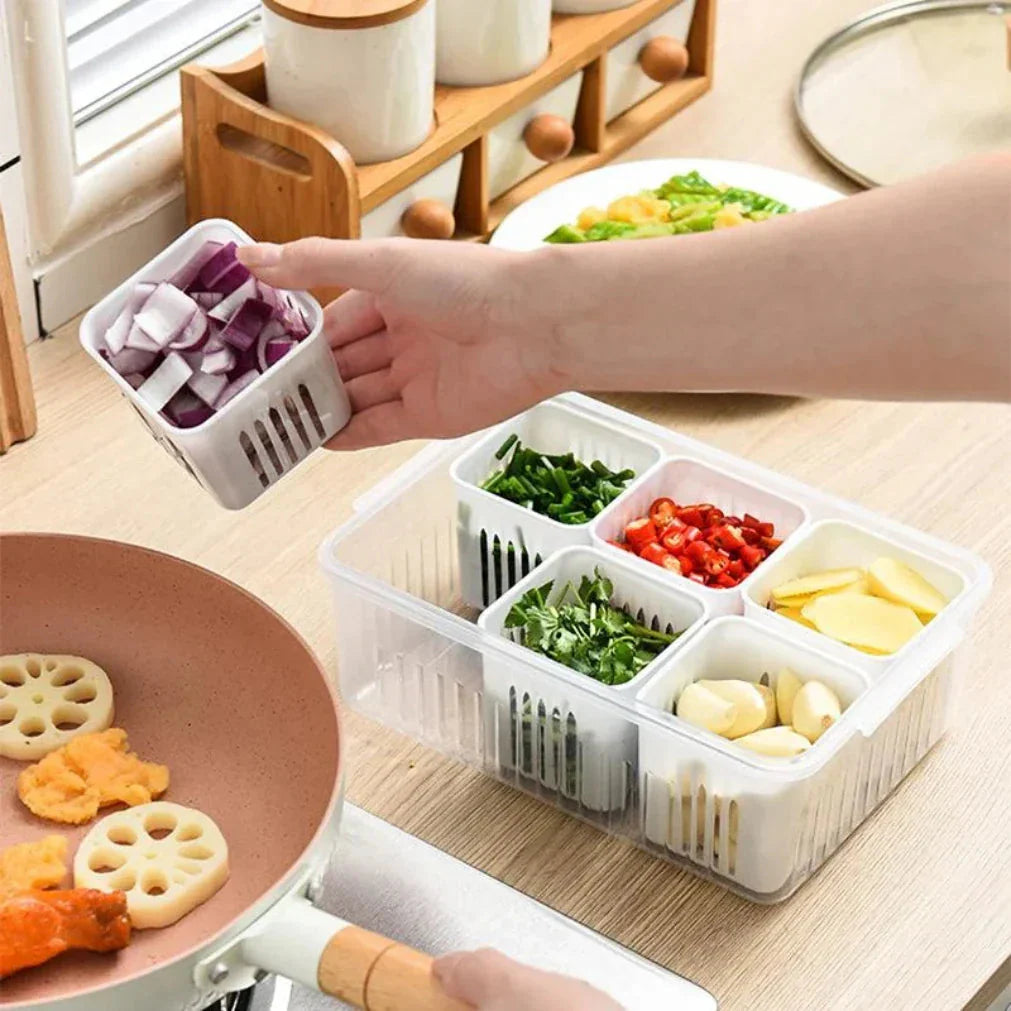 6-Compartment Refrigerator Storage Bin with Lid and Drain Insert