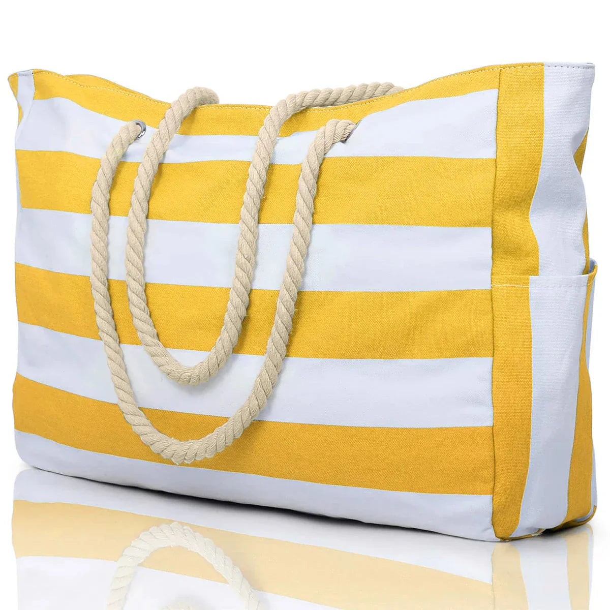 Zippered Canvas Tote Bag with Stripes for Beach Use