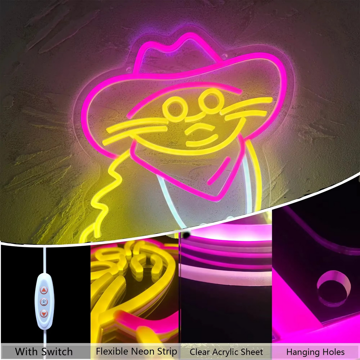 LED Neon Light in Cowboy Cat Design – Dimmable with USB Power