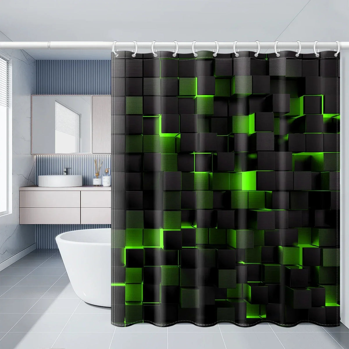 4-Piece Bathroom Mat and Shower Curtain Set in Waterproof Blue and Black