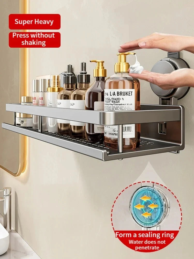 Bathroom Shelf without Drilling – Aluminum with Towel Bar and Hooks