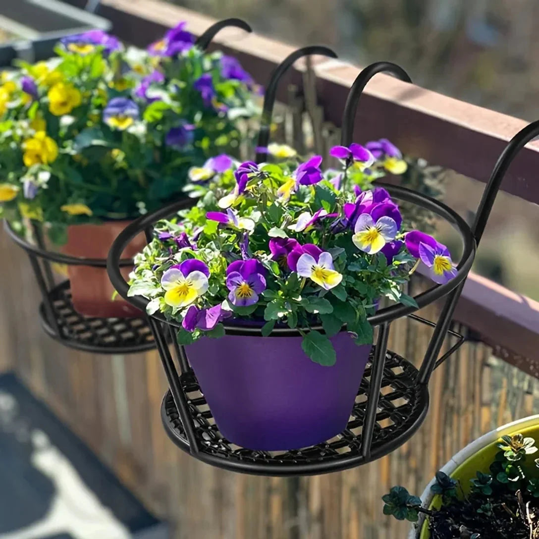 Set of 3 Black Metal Pot Holders with Hooks for Balcony