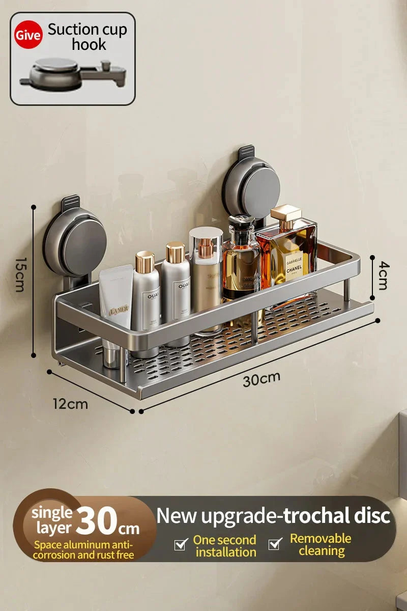 Bathroom Shelf without Drilling – Aluminum with Towel Bar and Hooks