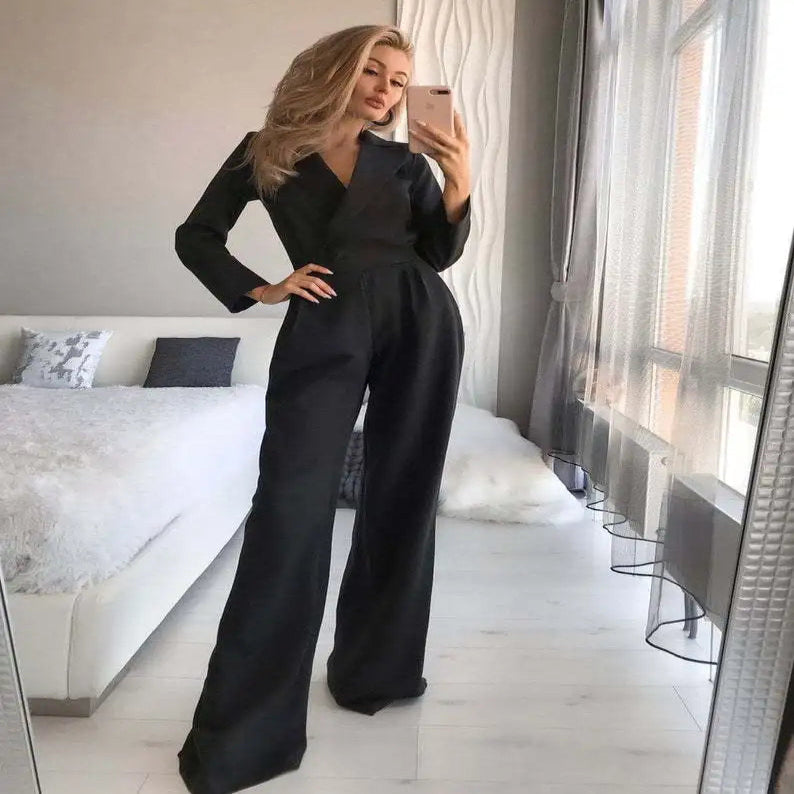 V Neck Long Sleeve Jumpsuit with Back Zipper and Slim Fit