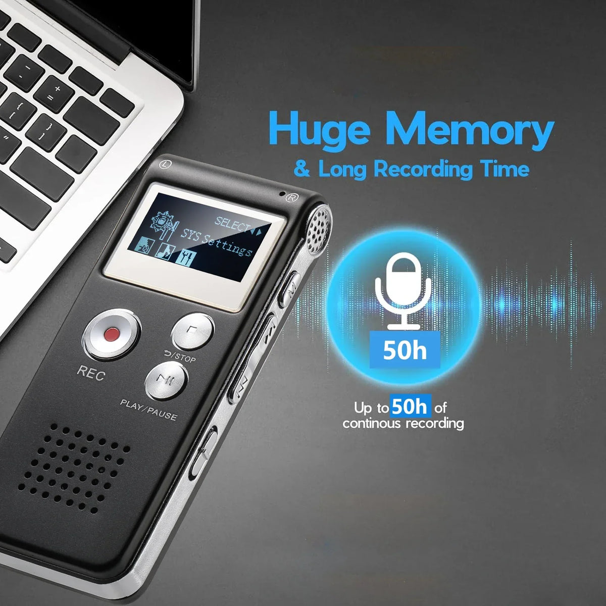 Voice-Activated Digital Recorder with Built-In Speaker and Headphone Port