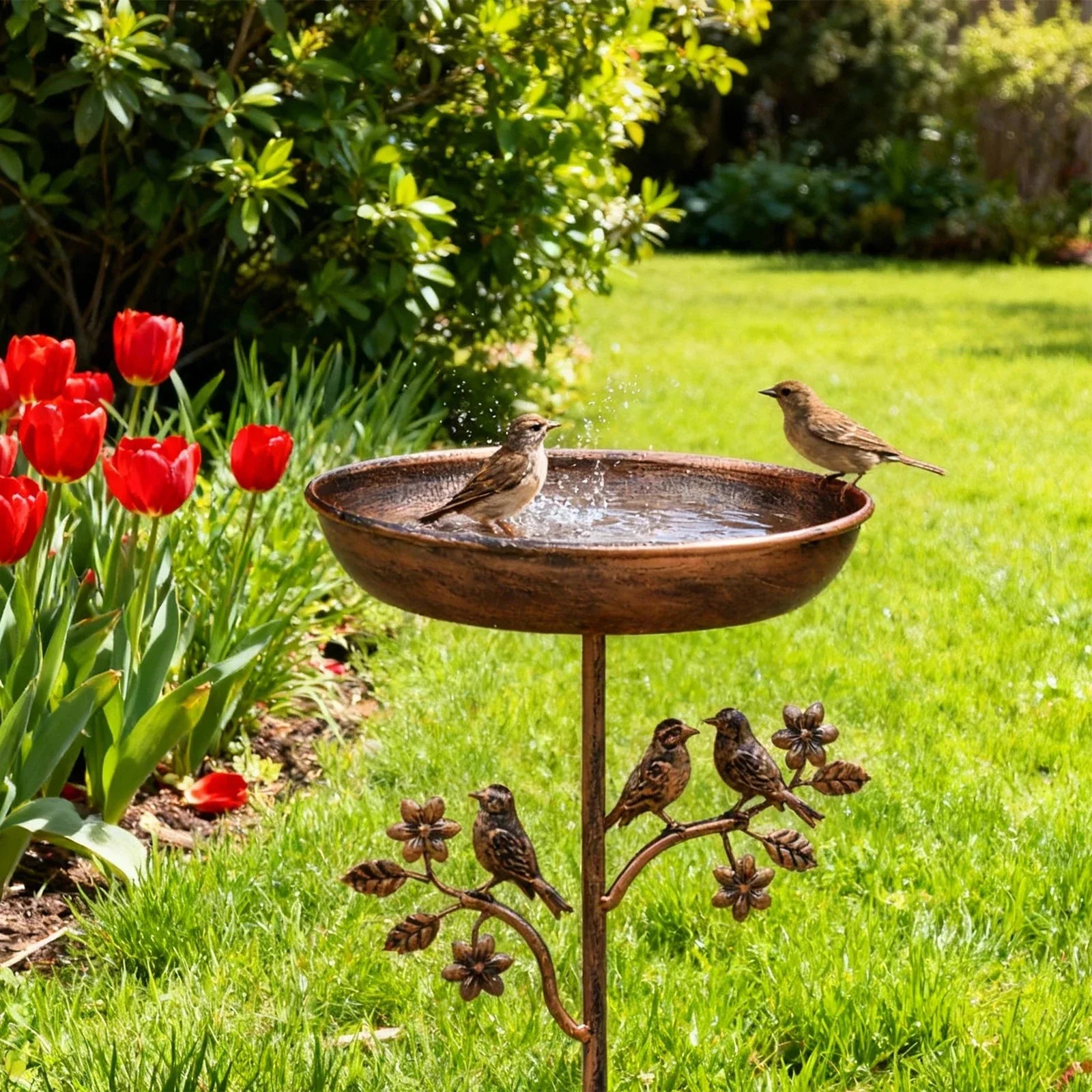 Decorative Metal Stake Bird Bath for Gardens – Vintage Copper Finish