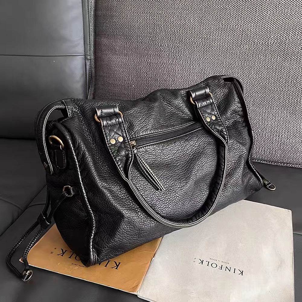 Vintage Washed Black PU Leather Tote Bag with Gold Accents