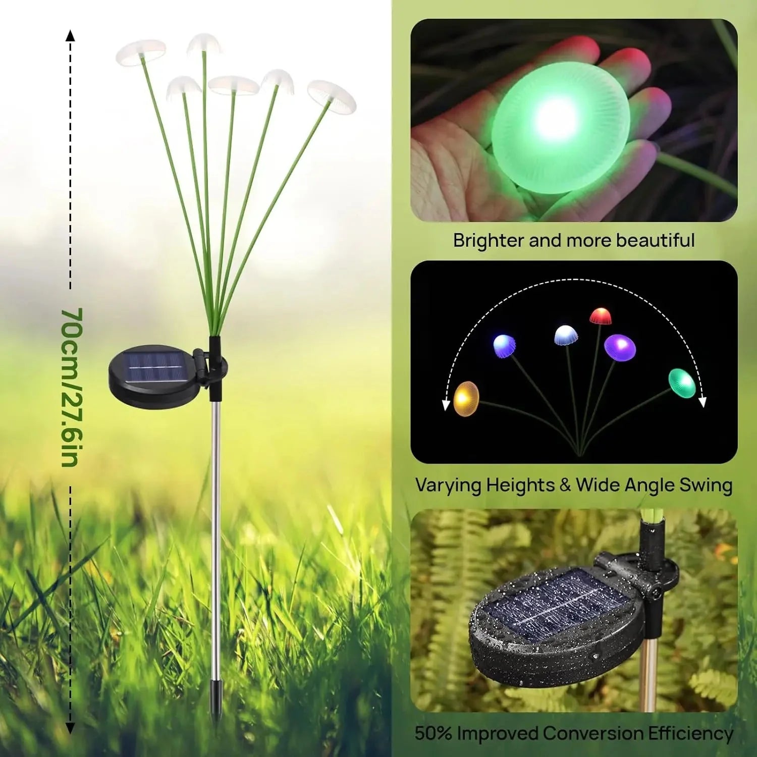 Set of 2 Solar Mushroom Lights – 6 Adjustable Heads, RGB or Warm White