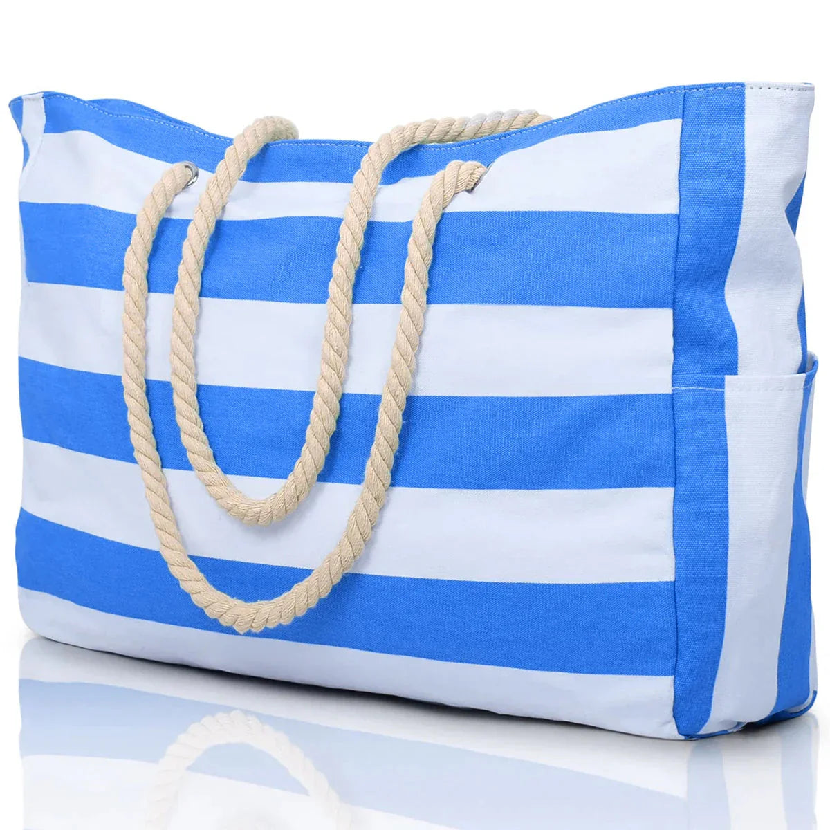 Zippered Canvas Tote Bag with Stripes for Beach Use