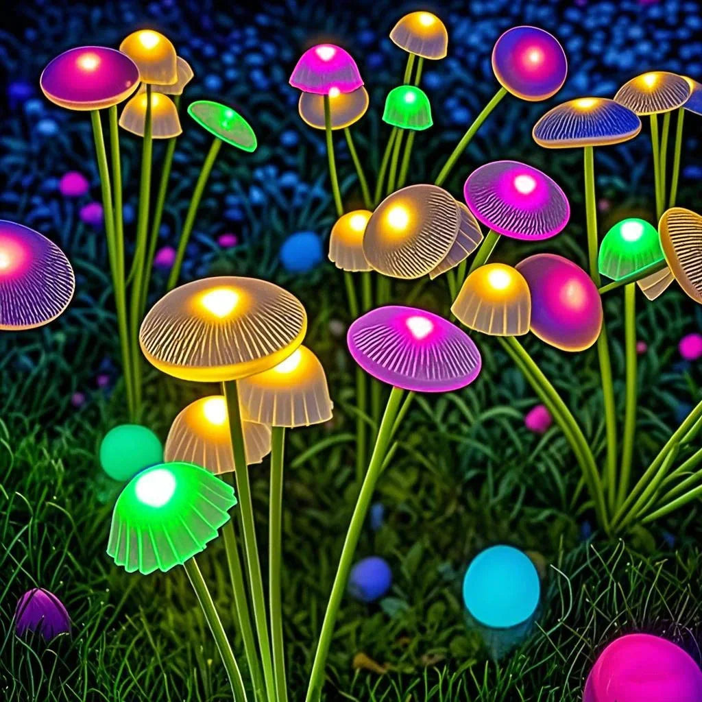 Set of 2 Solar Mushroom Lights – 6 Adjustable Heads, RGB or Warm White