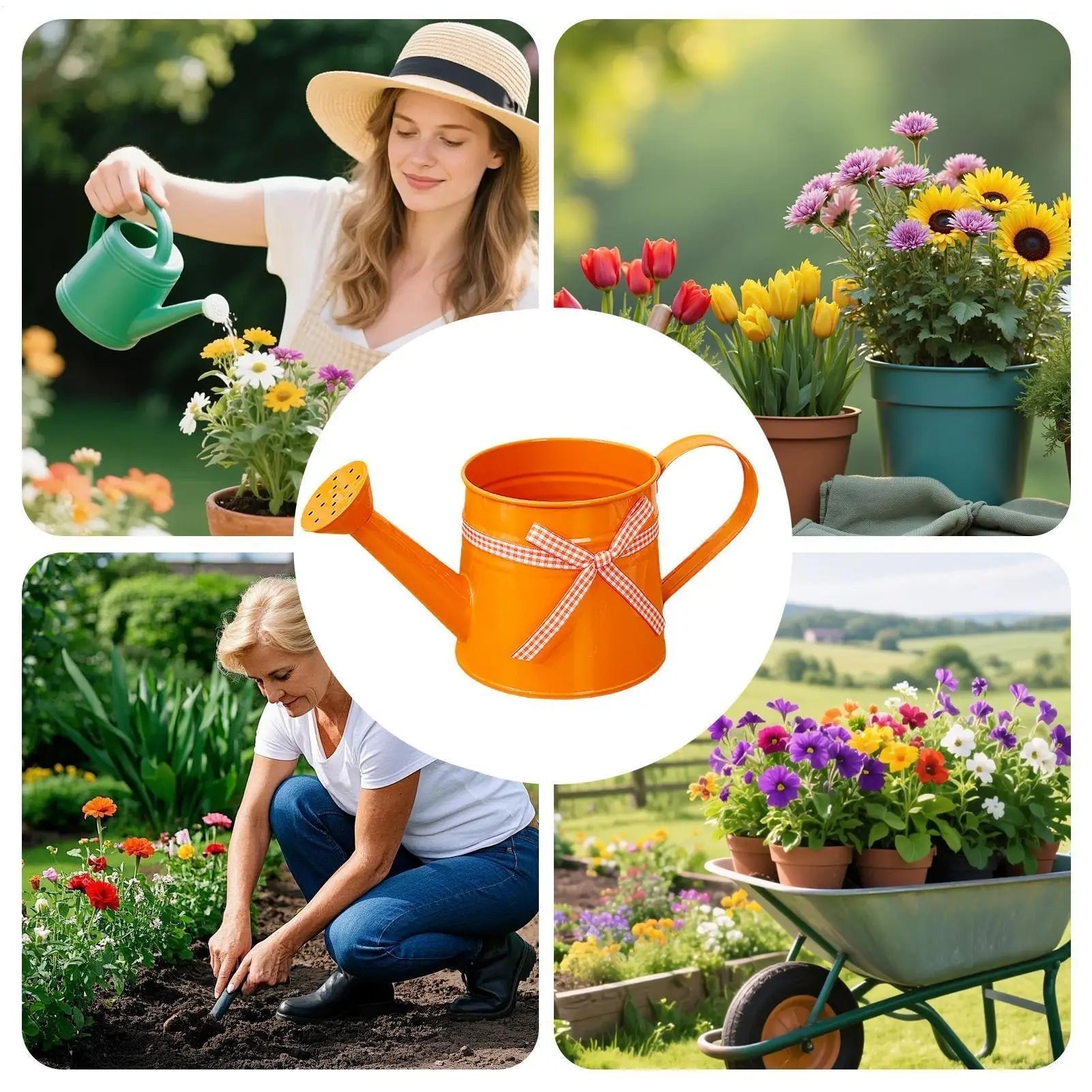 Ribbon Bow Adorned Decorative Metal Watering Can