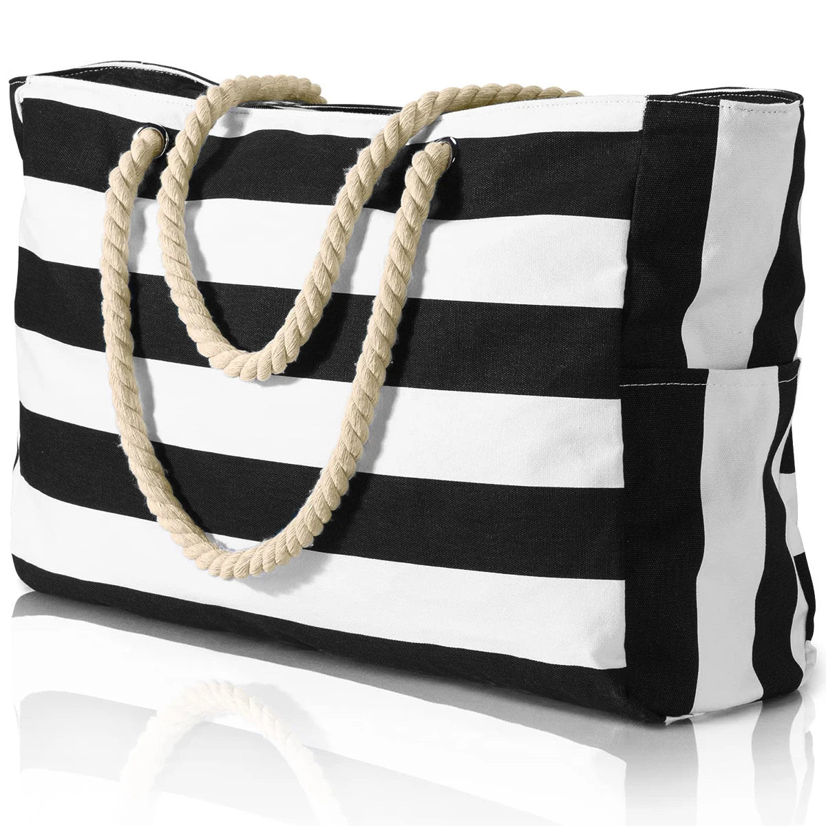 Zippered Canvas Tote Bag with Stripes for Beach Use