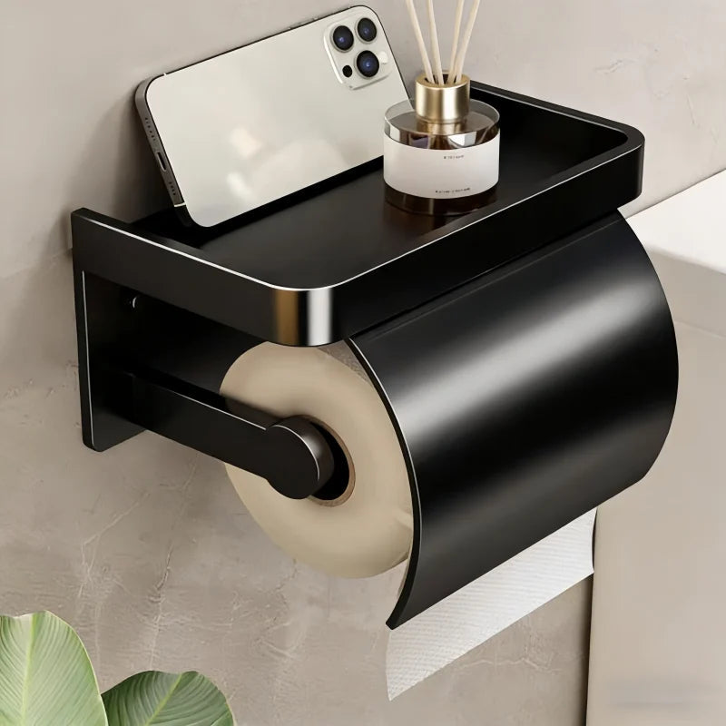 Wall-Mounted Toilet Paper Holder with Storage Shelf – Keeps Paper Dry