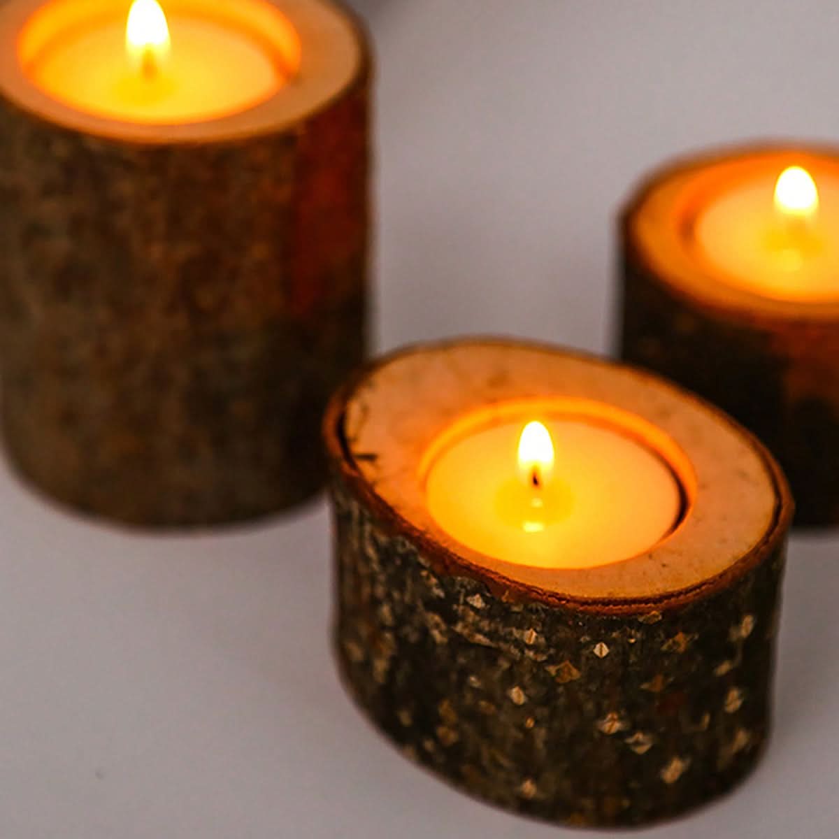 Three-Piece Decorative Tea Lamp Set in Wood