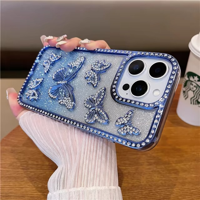 Rhinestone-Decorated Butterfly Phone Case with Shock-Resistant Frame