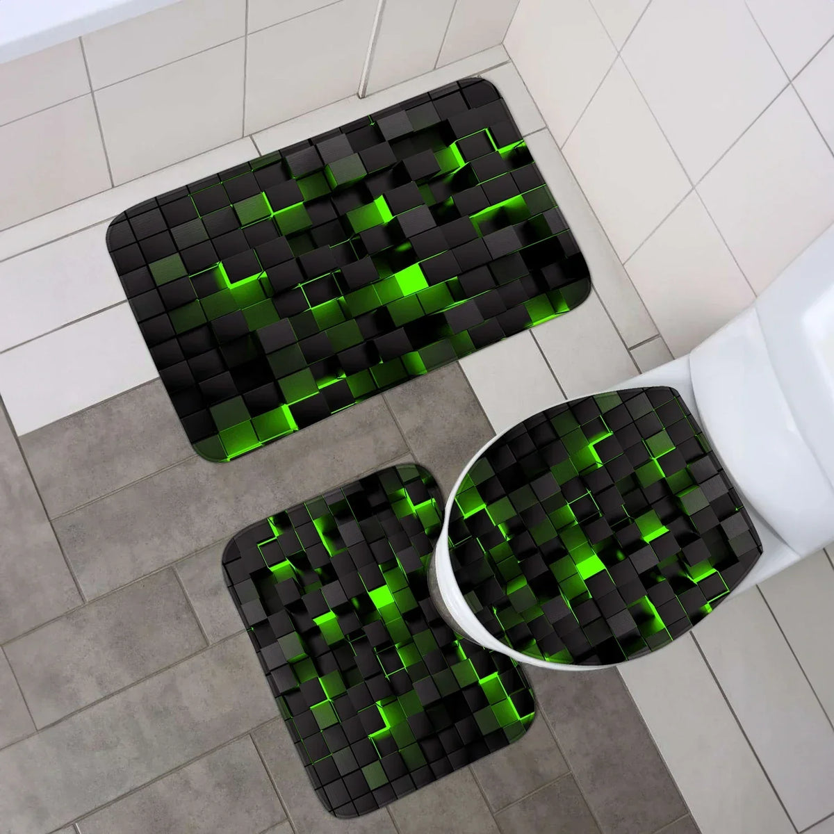 4-Piece Bathroom Mat and Shower Curtain Set in Waterproof Blue and Black