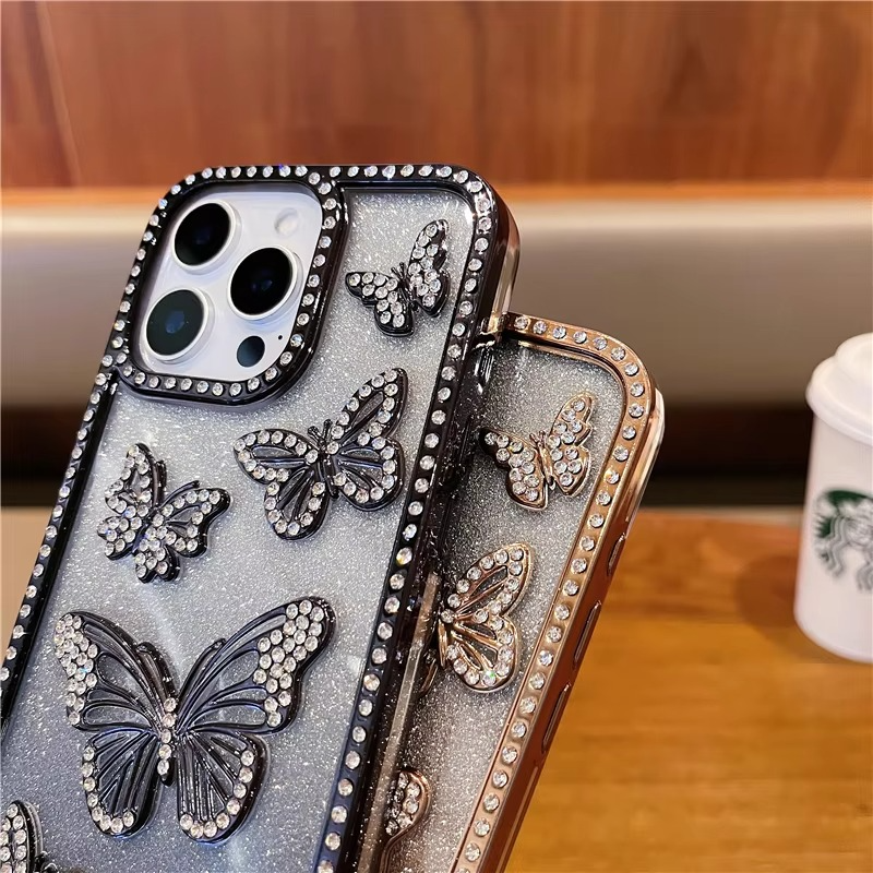 Rhinestone-Decorated Butterfly Phone Case with Shock-Resistant Frame