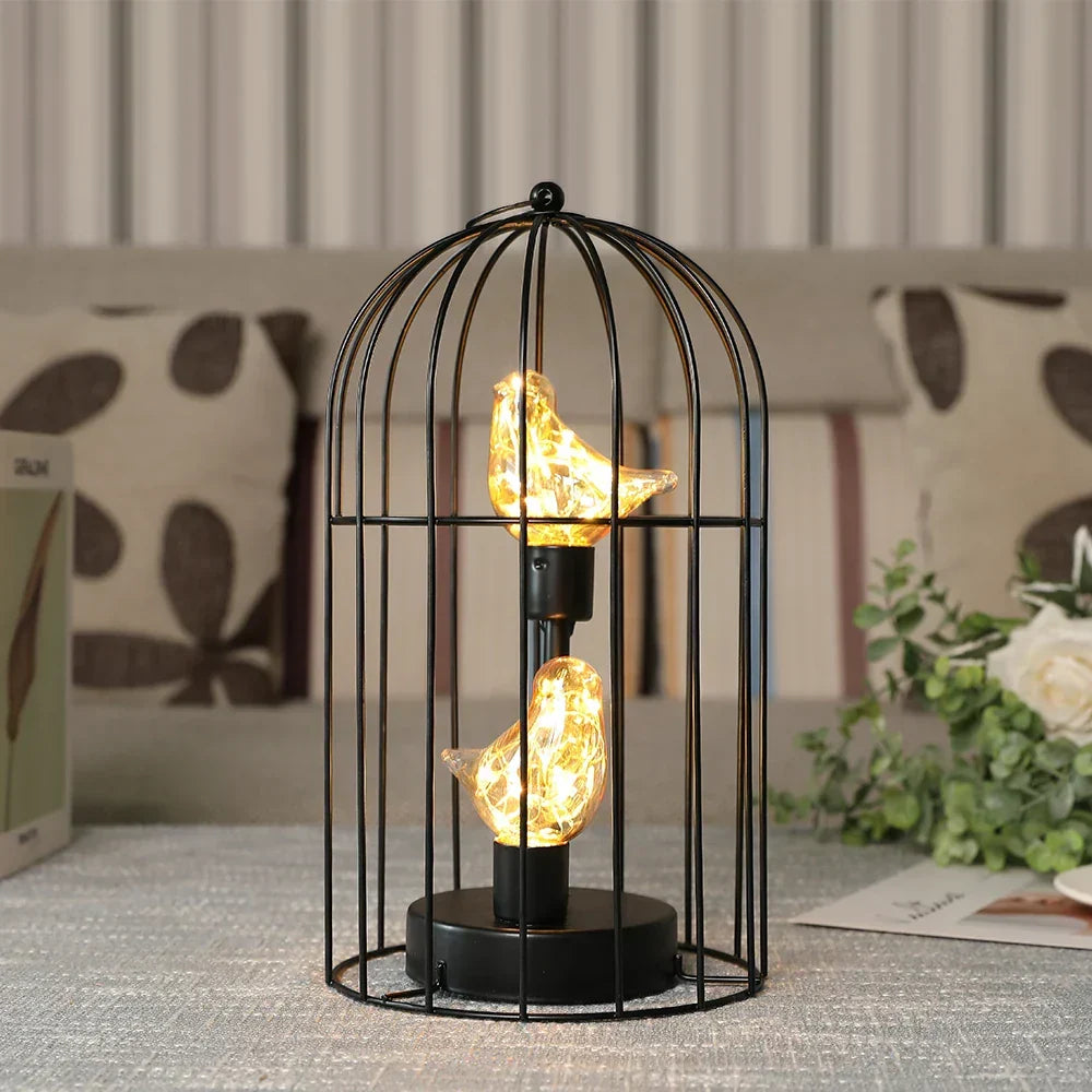 Table Lamp with Metal Birdcage Design and Bird Accent – Warm White Fairy Light