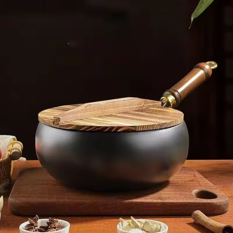 Uncoated Cast Iron Skillet with Wooden Handle