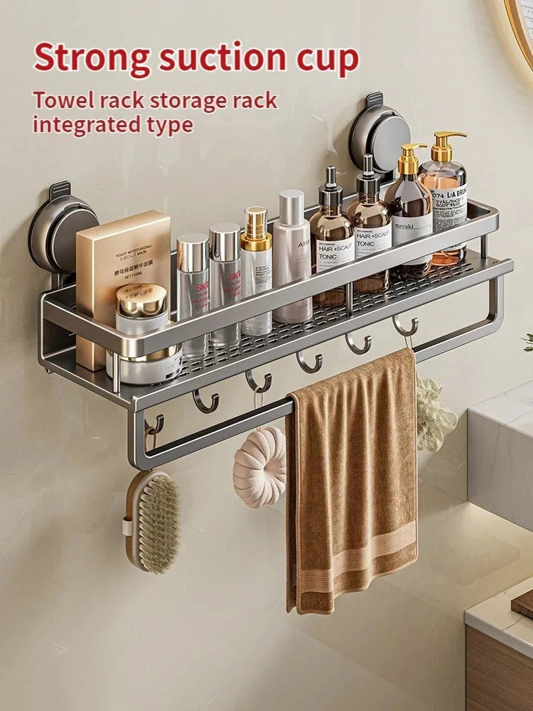 Bathroom Shelf without Drilling – Aluminum with Towel Bar and Hooks