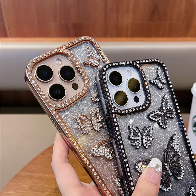 Rhinestone-Decorated Butterfly Phone Case with Shock-Resistant Frame