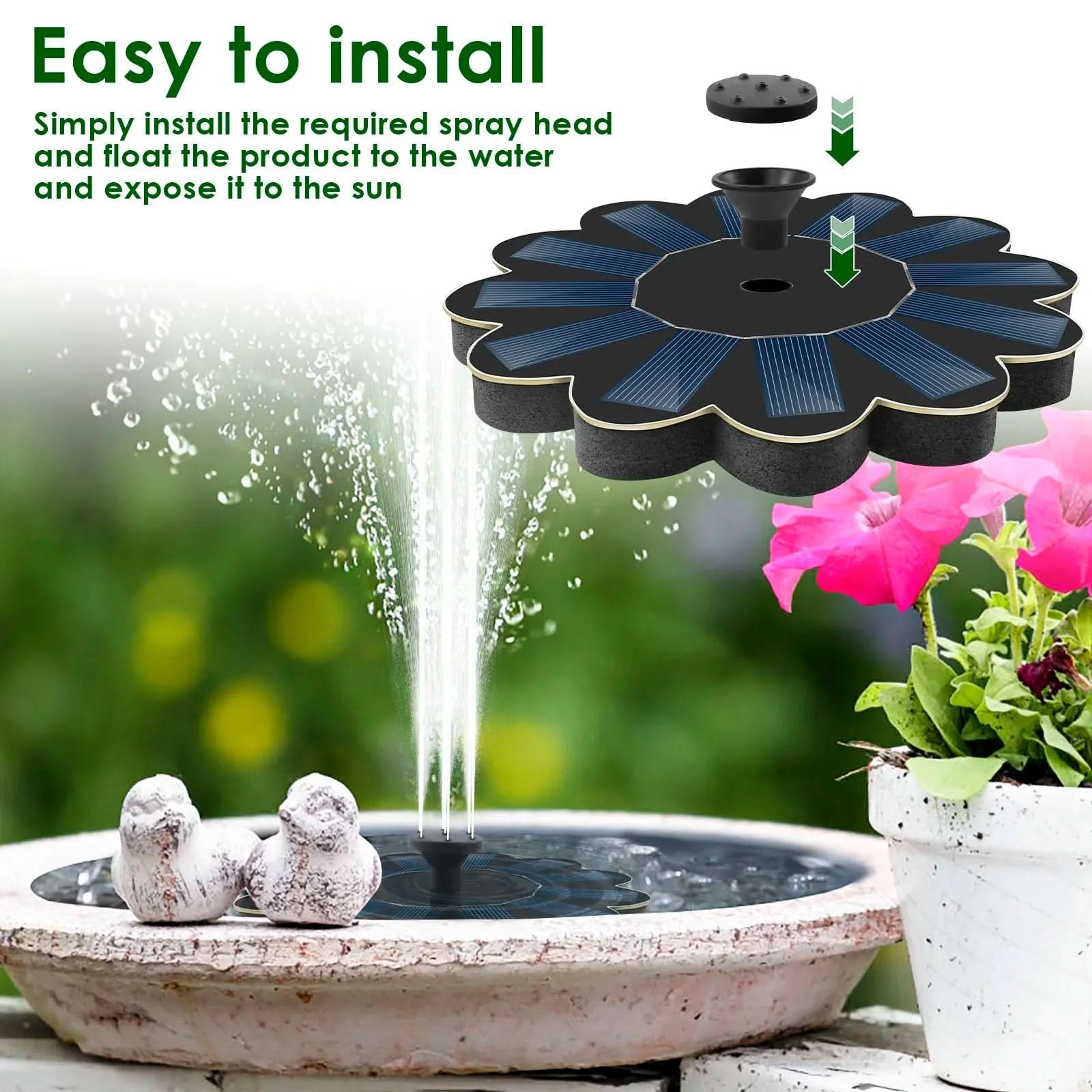 Solar-Powered Water Fountain with 5 Swappable Nozzles for Unique Designs