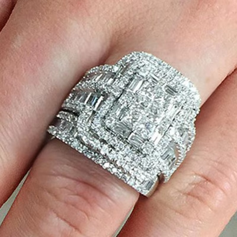 Square Center Stone Bridal Ring Set with Halo Accent Design