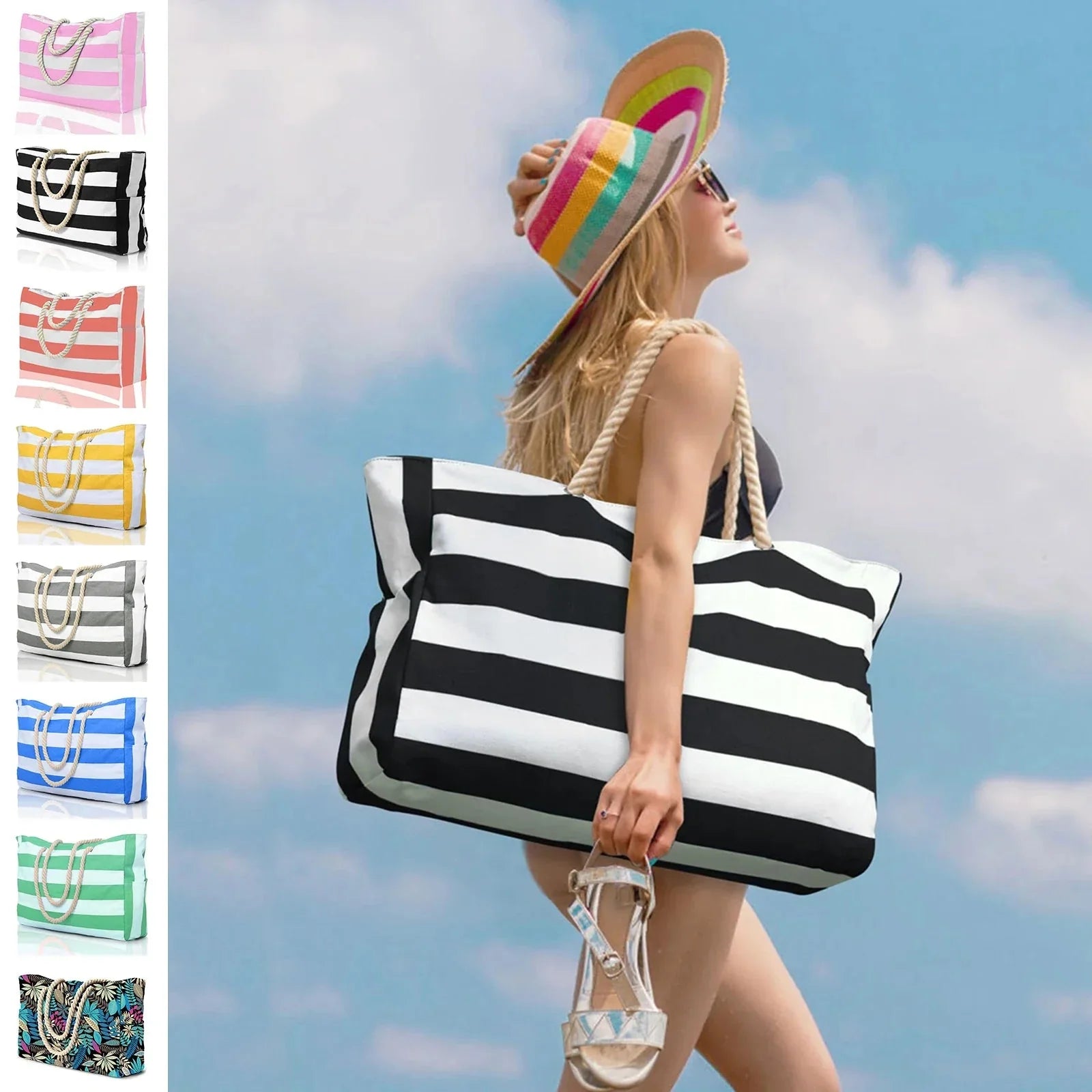 Zippered Canvas Tote Bag with Stripes for Beach Use