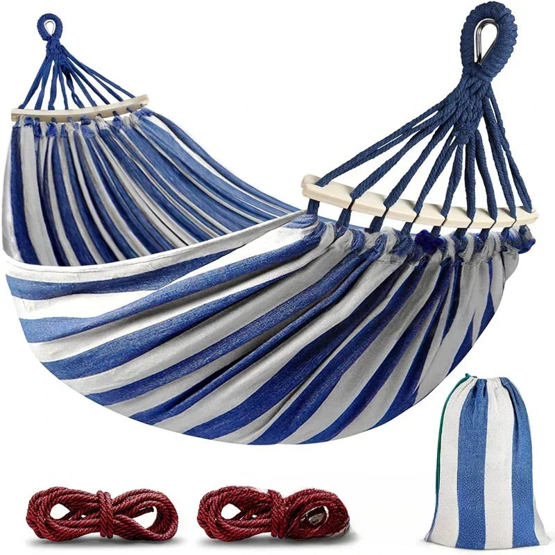 Double Canvas Hammock with Wooden Spreader Bars – Portable Design